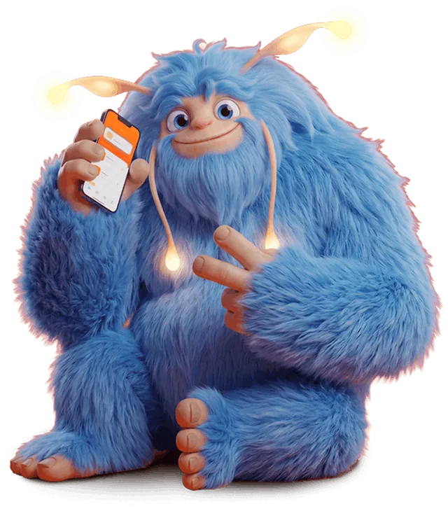 Mascota Novu ținând un telefon cu aplicația EV-NOVA