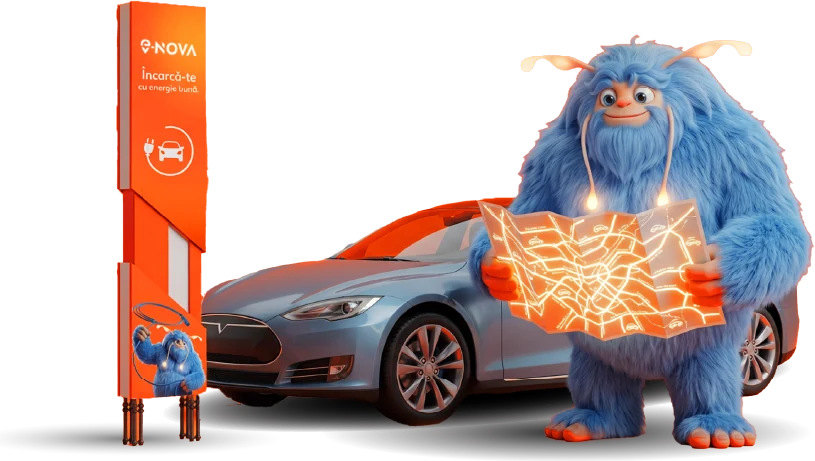 Mascota Novu cu o hartă luminoasă, lângă o mașină electrică și o stație EV-NOVA